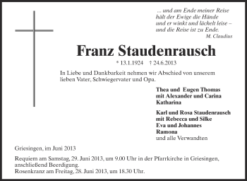 Anzeige von Franz Staudenrausch von Schwäbische Zeitung