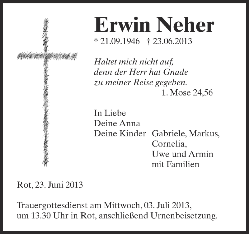  Traueranzeige für Erwin Neher vom 01.07.2013 aus Schwäbische Zeitung