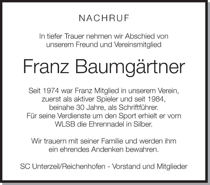  Traueranzeige für Franz Baumgärtner vom 27.06.2013 aus Schwäbische Zeitung