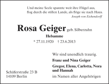 Anzeige von Rosa Geiger von Schwäbische Zeitung