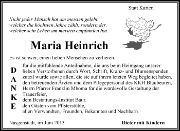 Anzeige von Maria Heinrich von Schwäbische Zeitung