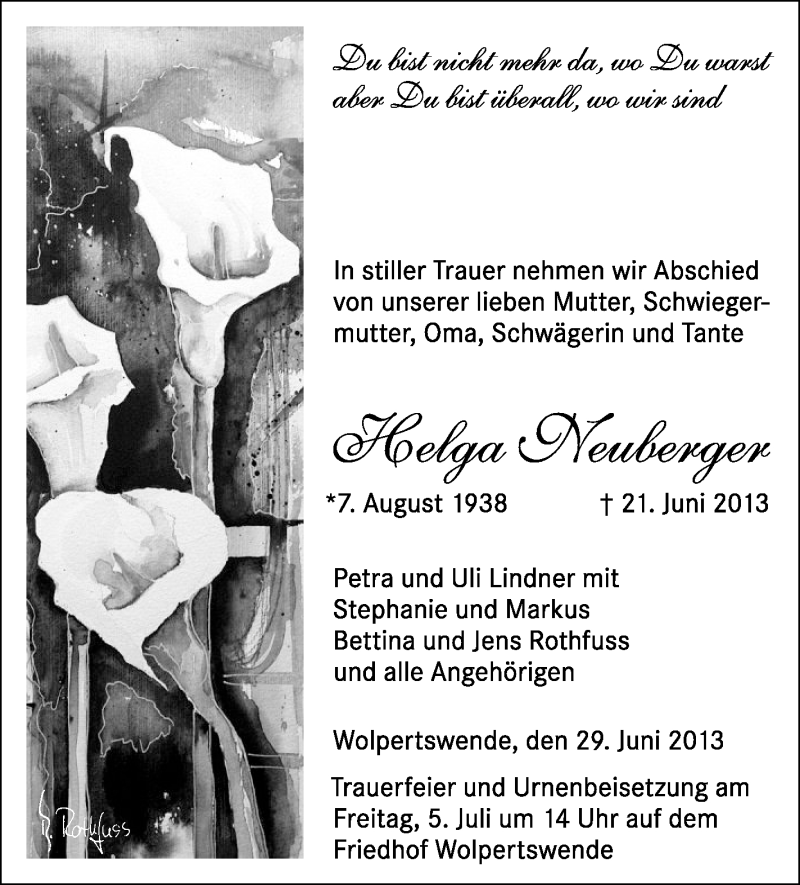  Traueranzeige für Helga Neuberger vom 29.06.2013 aus Schwäbische Zeitung