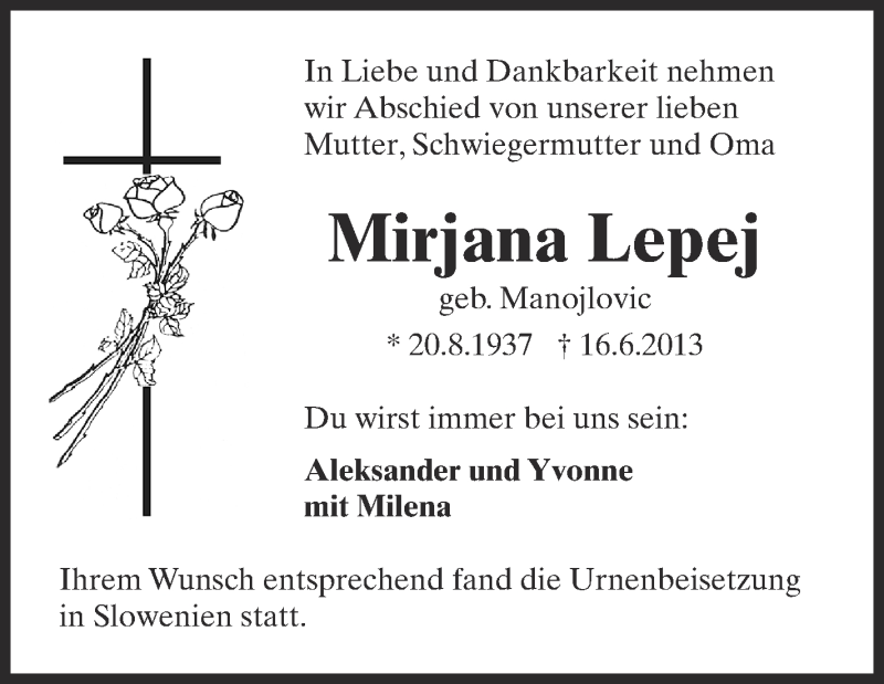  Traueranzeige für Mirjana Lepej vom 01.07.2013 aus Schwäbische Zeitung