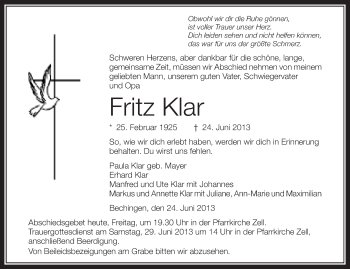 Anzeige von Fritz Klar von Schwäbische Zeitung