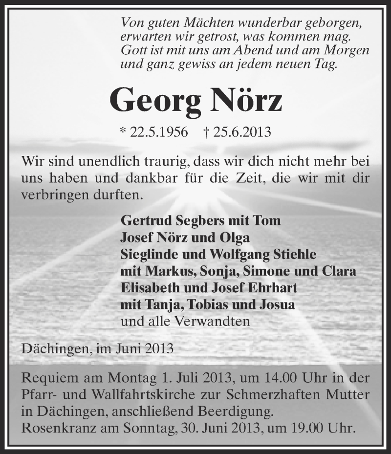  Traueranzeige für Georg Nörz vom 28.06.2013 aus Schwäbische Zeitung