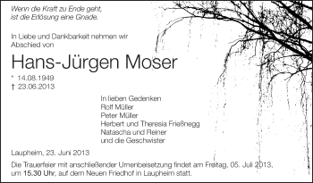 Anzeige von Hans-Jürgen Moser von Schwäbische Zeitung