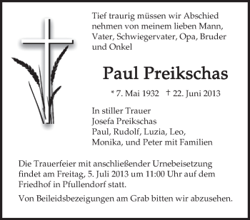 Anzeige von Paul Preikschas von Schwäbische Zeitung