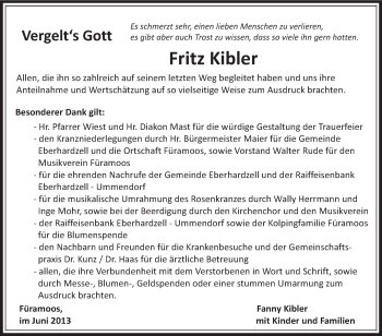 Anzeige von Fritz Kibler von Schwäbische Zeitung