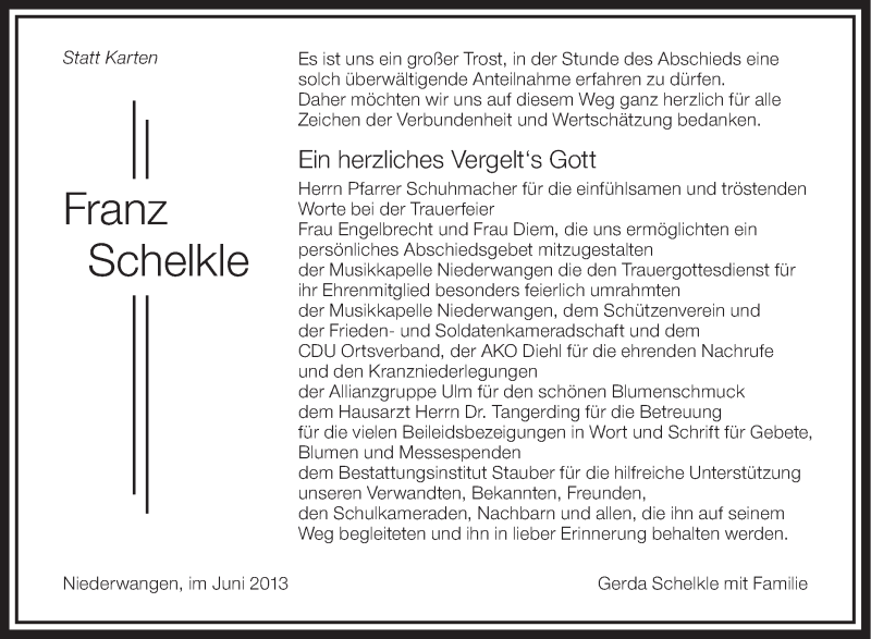  Traueranzeige für Franz Schelkle vom 29.06.2013 aus Schwäbische Zeitung
