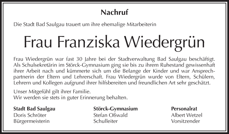  Traueranzeige für Franziska Wiedergrün vom 28.06.2013 aus Schwäbische Zeitung