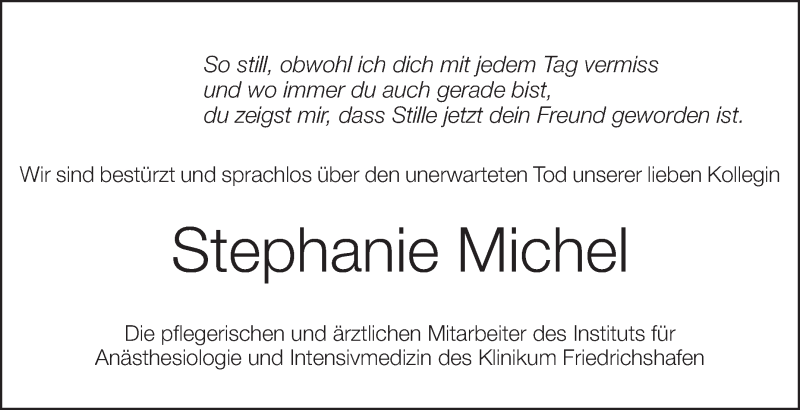  Traueranzeige für Stephanie Michel vom 28.06.2013 aus Schwäbische Zeitung