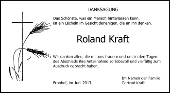 Anzeige von Roland Kraft von Schwäbische Zeitung