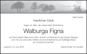 Anzeige von Walburga Figna von Schwäbische Zeitung