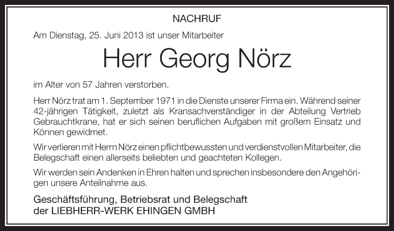  Traueranzeige für Georg Nörz vom 28.06.2013 aus Schwäbische Zeitung