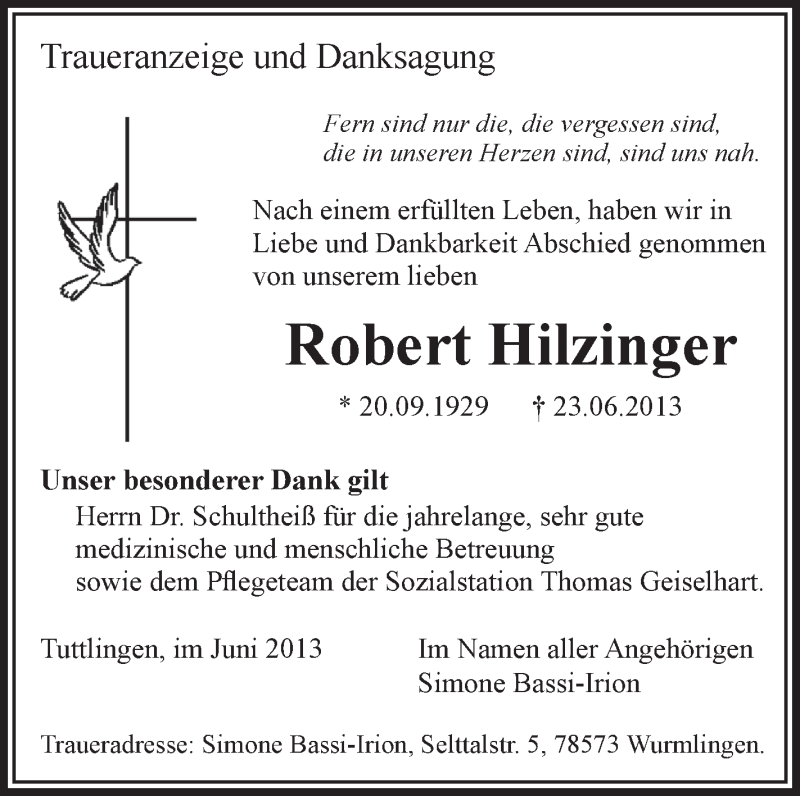 Traueranzeige für Robert Hilzinger vom 29.06.2013 aus Schwäbische Zeitung