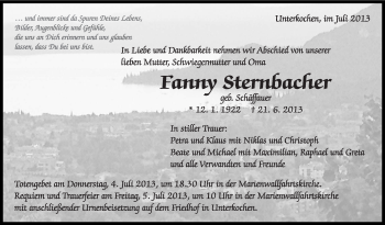 Anzeige von Fanny Sternbacher von Schwäbische Zeitung
