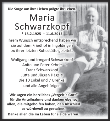 Anzeige von Maria Schwarzkopf von Schwäbische Zeitung