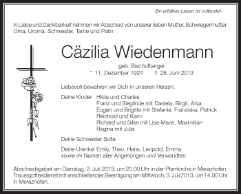 Anzeige von Cäzilia Wiedenmann von Schwäbische Zeitung