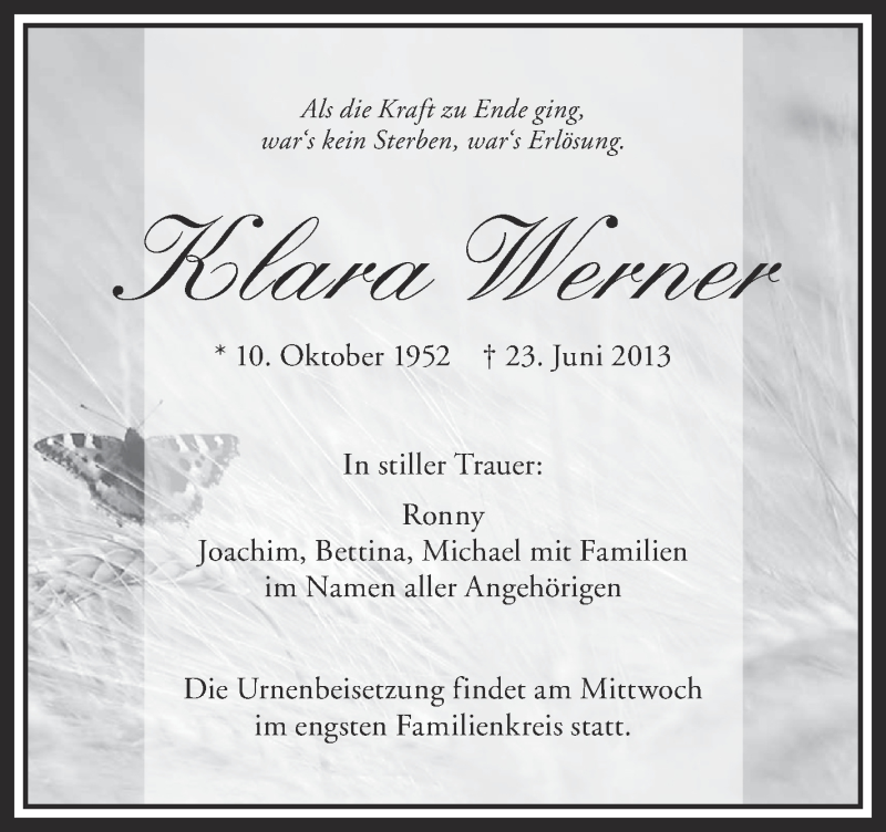  Traueranzeige für Klara Werner vom 01.07.2013 aus Schwäbische Zeitung