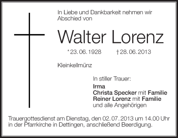Anzeige von Walter Lorenz von Schwäbische Zeitung