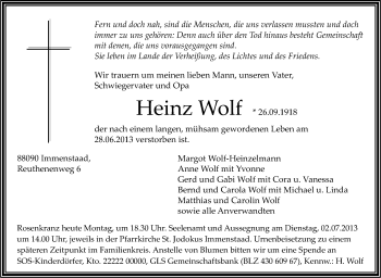 Anzeige von Heinz Wolf von Schwäbische Zeitung
