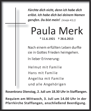 Anzeige von Paula Merk von Schwäbische Zeitung