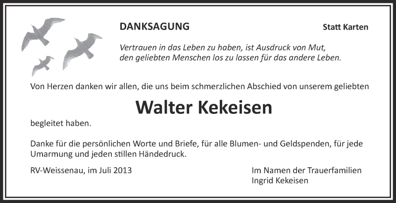  Traueranzeige für Walter Kekeisen vom 06.07.2013 aus Schwäbische Zeitung