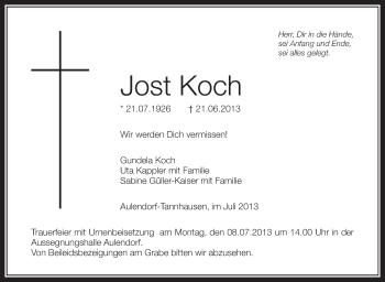 Anzeige von Jost Koch von Schwäbische Zeitung