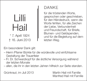 Anzeige von Lilli Hail von Schwäbische Zeitung