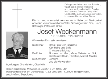 Anzeige von Josef Weckenmann von Schwäbische Zeitung