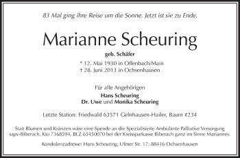 Anzeige von Marianne Scheuring von Schwäbische Zeitung