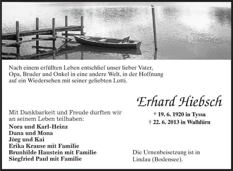  Traueranzeige für Erhard Hiebsch vom 06.07.2013 aus Schwäbische Zeitung