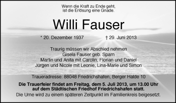 Anzeige von Willi Fauser von Schwäbische Zeitung