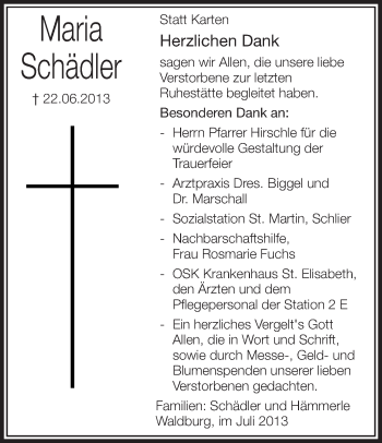 Anzeige von Maria Schädler von Schwäbische Zeitung