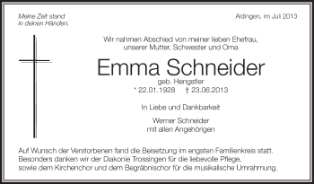 Anzeige von Emma Schneider von Schwäbische Zeitung