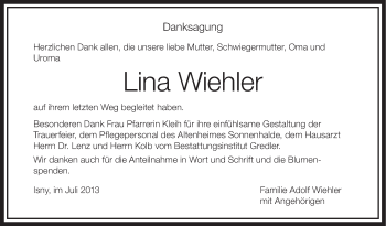 Anzeige von Lina Wiehler von Schwäbische Zeitung