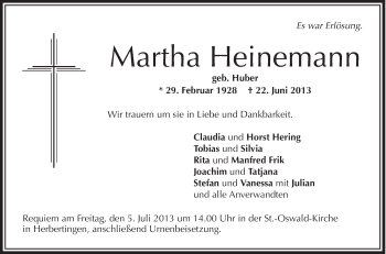 Anzeige von Martha Heinemann von Schwäbische Zeitung