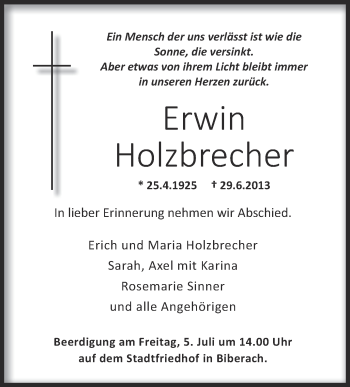 Anzeige von Erwin Holzbrecher von Schwäbische Zeitung