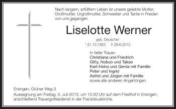 Anzeige von Liselotte Werner von Schwäbische Zeitung