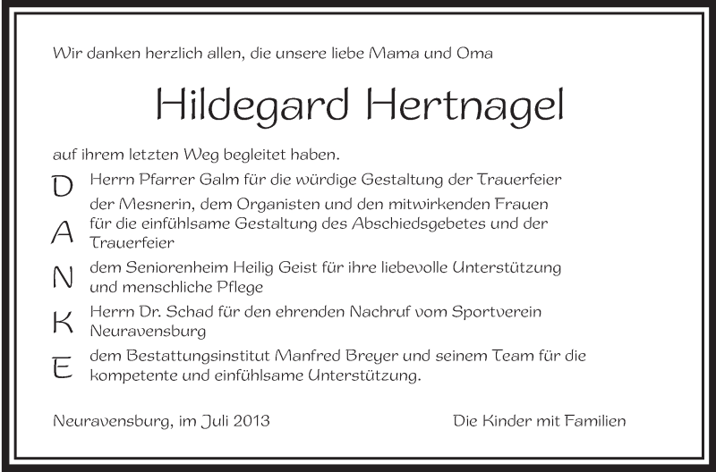  Traueranzeige für Hildegard Hertnagel vom 03.07.2013 aus Schwäbische Zeitung