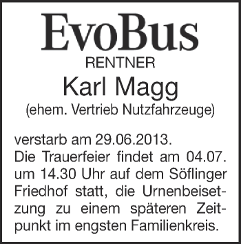 Anzeige von Karl Magg von Schwäbische Zeitung