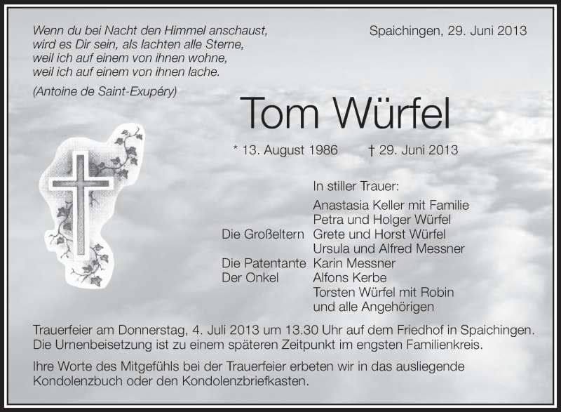  Traueranzeige für Tom Würfel vom 03.07.2013 aus Schwäbische Zeitung
