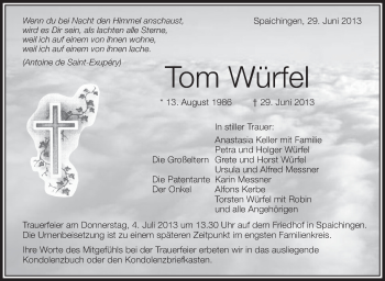Anzeige von Tom Würfel von Schwäbische Zeitung
