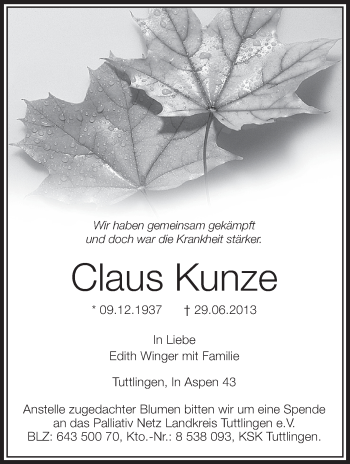Anzeige von Claus Kunze von Schwäbische Zeitung