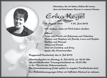 Anzeige von Erika Kegel von Schwäbische Zeitung