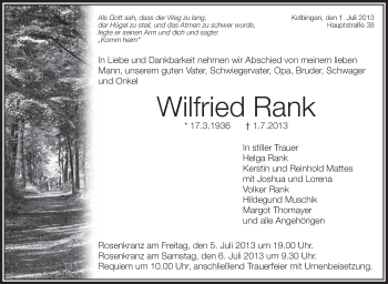Anzeige von Wilfried Rank von Schwäbische Zeitung