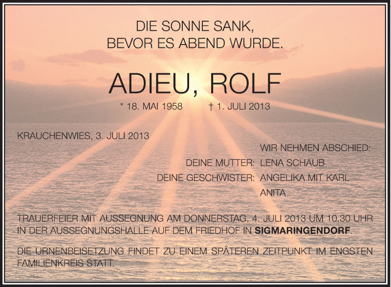  Traueranzeige für Rolf Adieu vom 03.07.2013 aus Schwäbische Zeitung