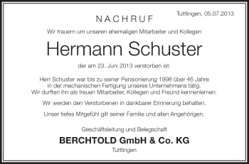 Anzeige von Hermann Schuster von Schwäbische Zeitung