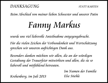 Anzeige von Fanny Markus von Schwäbische Zeitung