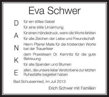 Anzeige von Eva Schwer von Schwäbische Zeitung